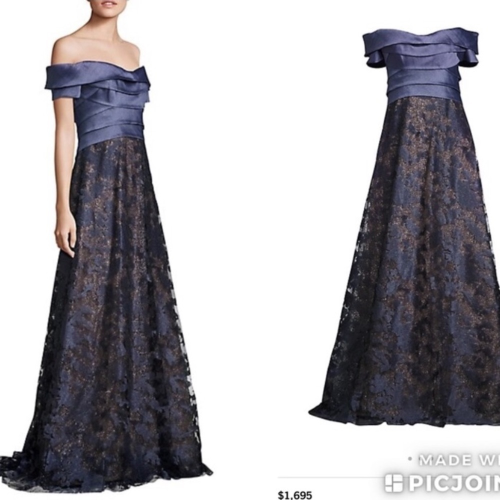 Rene Ruiz Collection Off-Shoulder Embroidered Metallic Ball Gown Navy Size 8 NWT